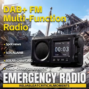 Portable DAB+/FM BT Outdoor Emergency Crank Radio, SOS Camping Lamp, Torch, Solar Panel Charger, PowerBank, IPX5 Water Protec