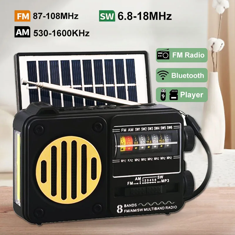 Portable Emergency Radio Solar FM AM SW1-6 Radio Receiver Bluetooth Speaker with Flashlight TF Card USB Drive MP3 Music Player - Image 4