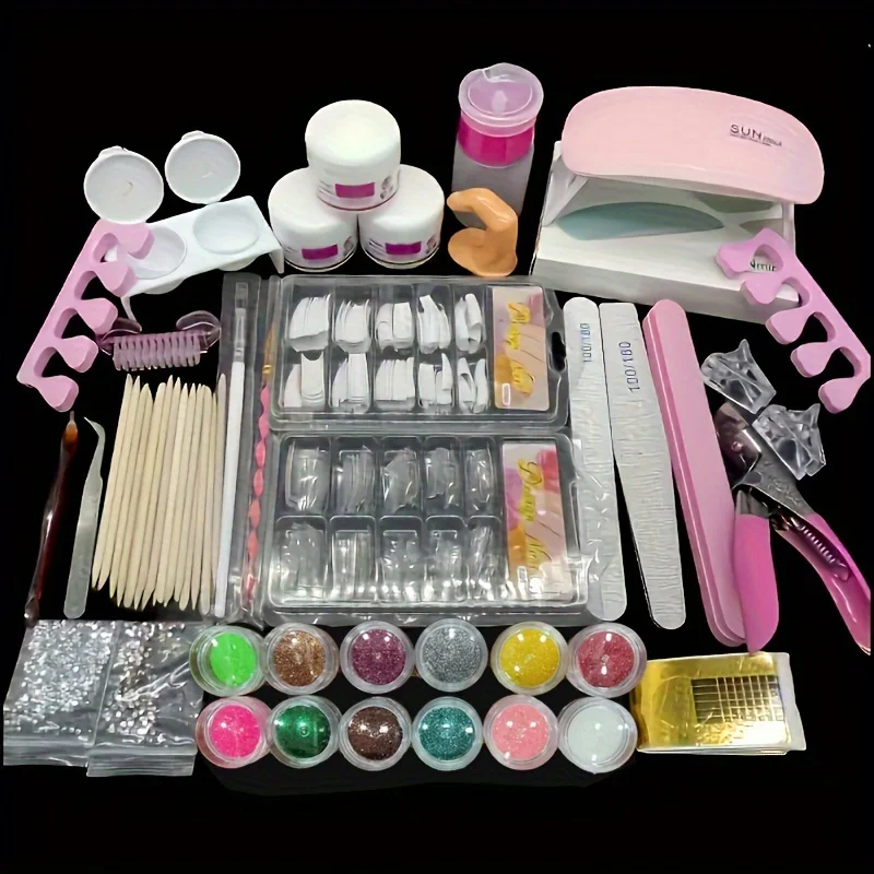 Professional Gel Nail Kit With LED Lamp, Nail Drill, Acrylic Powder & Liquid Set, False Nail Tips, Nail Art Tools For Salon-Qual