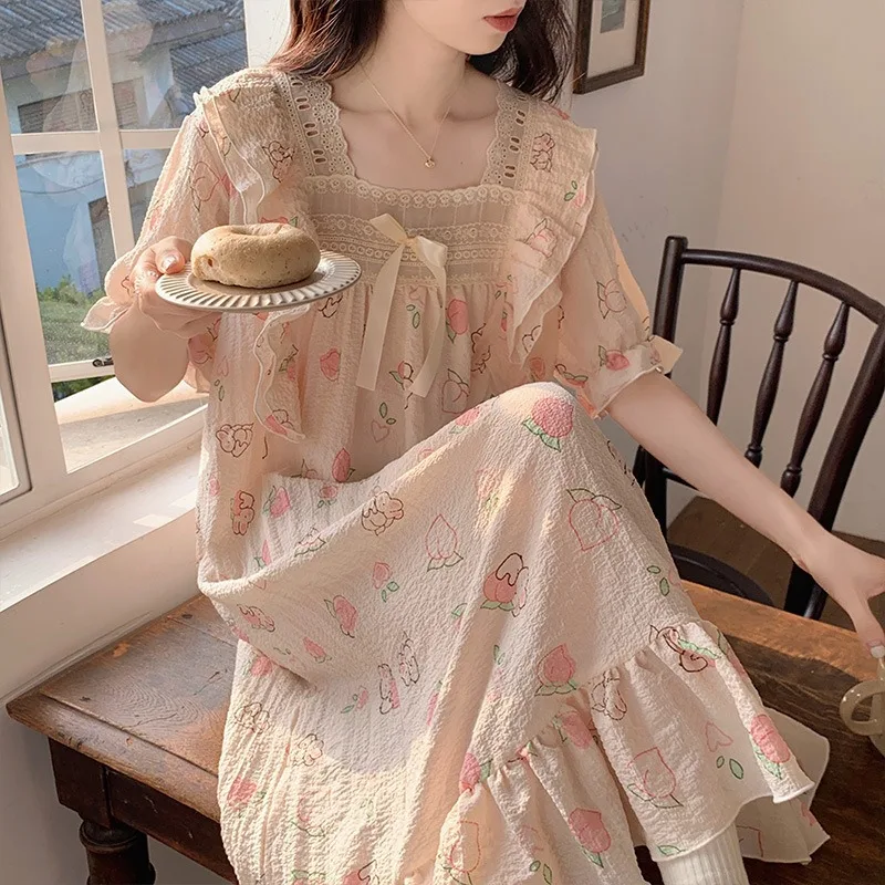 Puff Sleeves Homewear Women Princess Style Nightgowns Summer Lady Ruffles Pajama Girls Cute Floral Chest Pad Sleepshirts - Image 2
