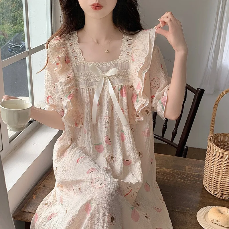 Puff Sleeves Homewear Women Princess Style Nightgowns Summer Lady Ruffles Pajama Girls Cute Floral Chest Pad Sleepshirts - Image 3