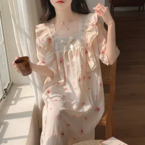 Puff Sleeves Homewear Women Princess Style Nightgowns Summer Lady Ruffles Pajama Girls Cute Floral Chest Pad Sleepshirts