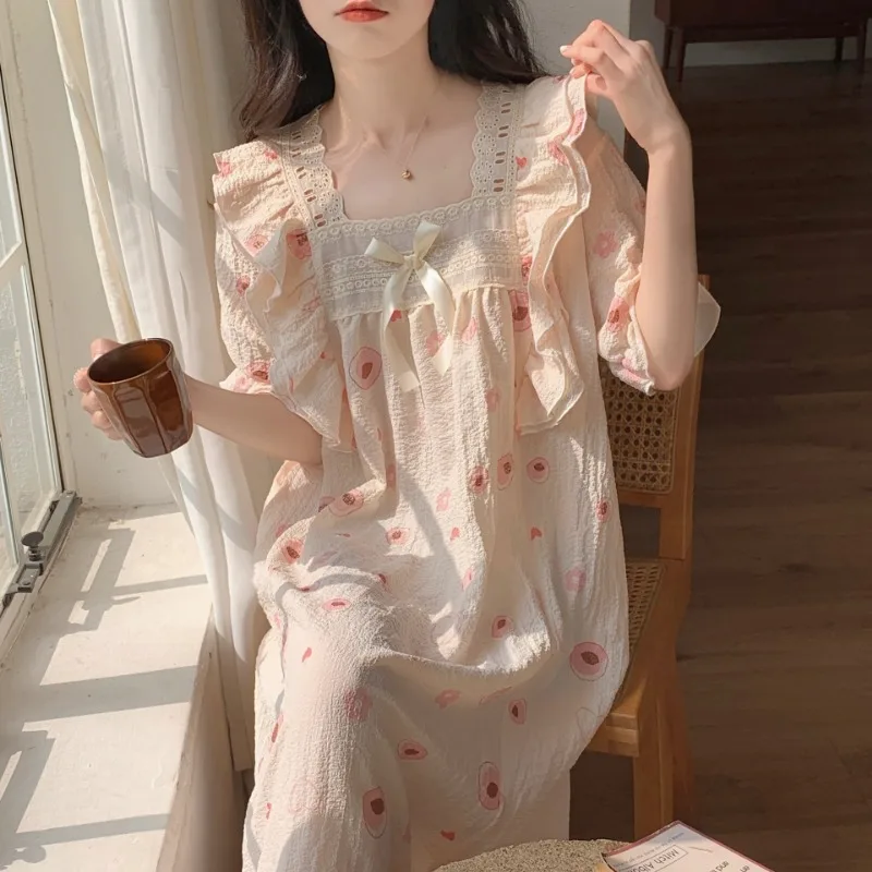 Puff Sleeves Homewear Women Princess Style Nightgowns Summer Lady Ruffles Pajama Girls Cute Floral Chest Pad Sleepshirts