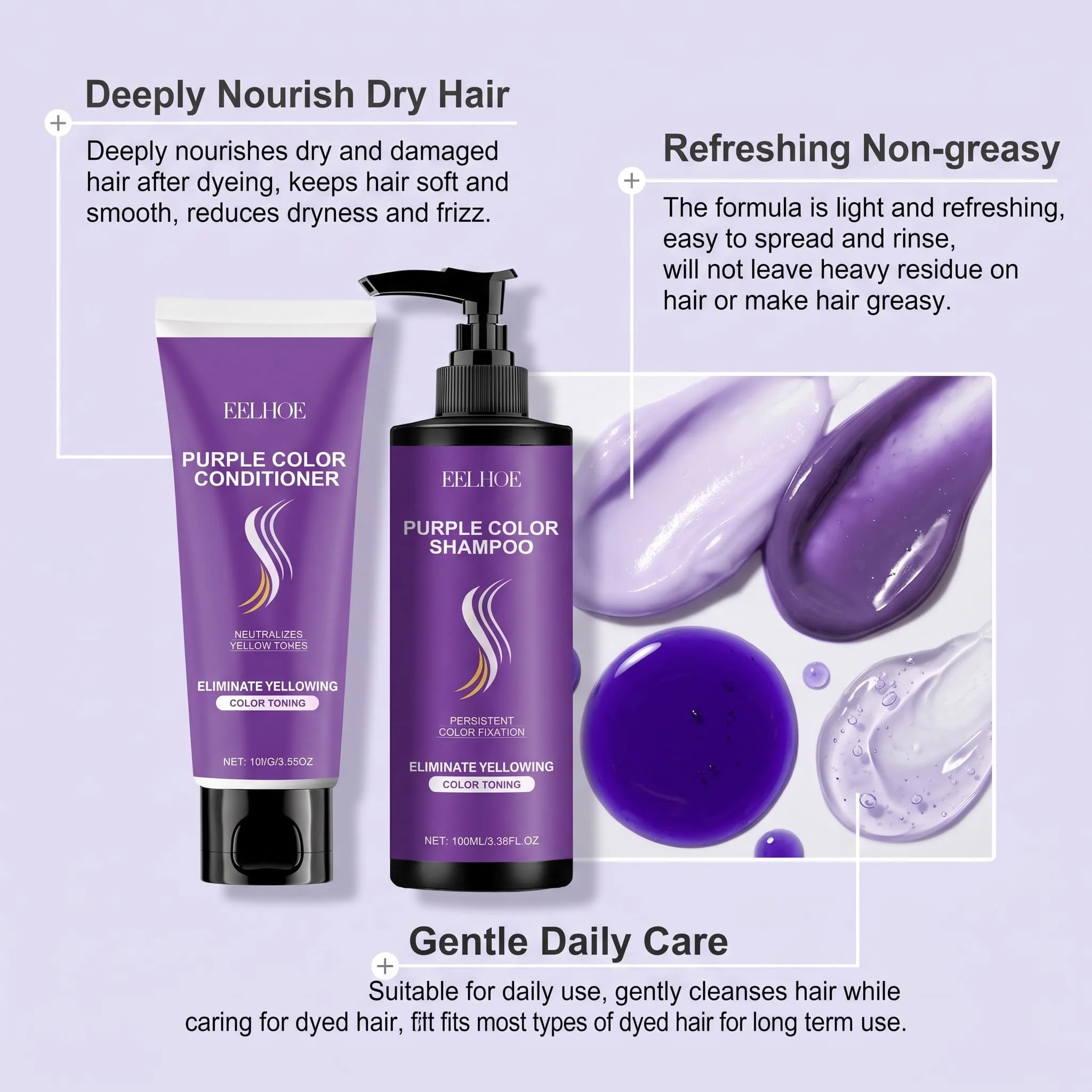 Purple Shampoo Conditioner Set Color Depositing Nourishing Hair Care For Blonde Bleached Silver Hair Shine Enhancing Smoothing - Image 4