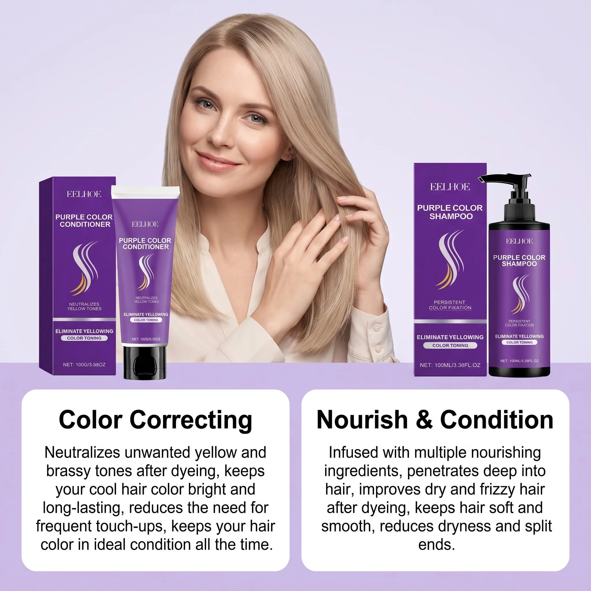 Purple Shampoo Conditioner Set Color Depositing Nourishing Hair Care For Blonde Bleached Silver Hair Shine Enhancing Smoothing - Image 2