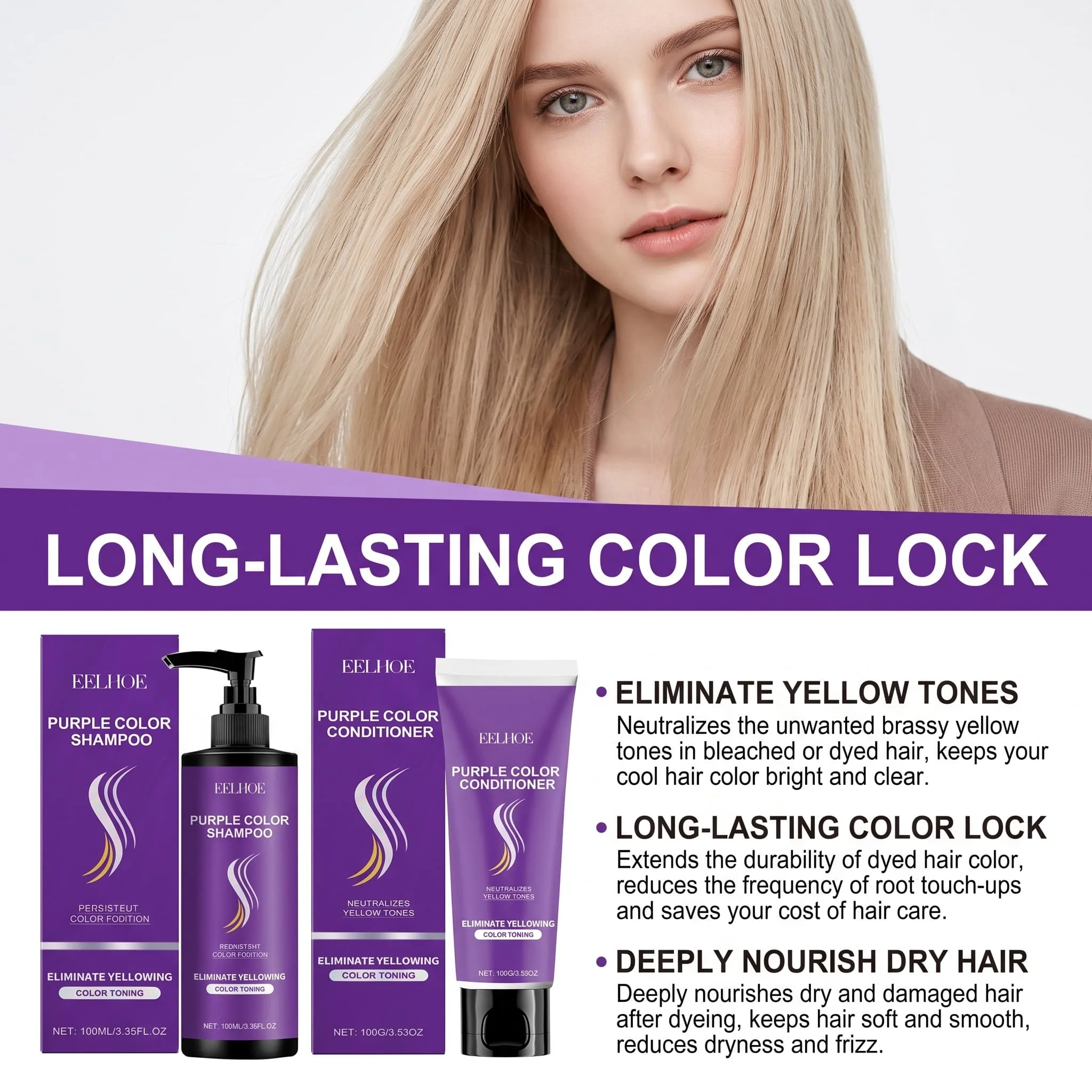 Purple Shampoo Conditioner Set Color Depositing Nourishing Hair Care For Blonde Bleached Silver Hair Shine Enhancing Smoothing - Image 6
