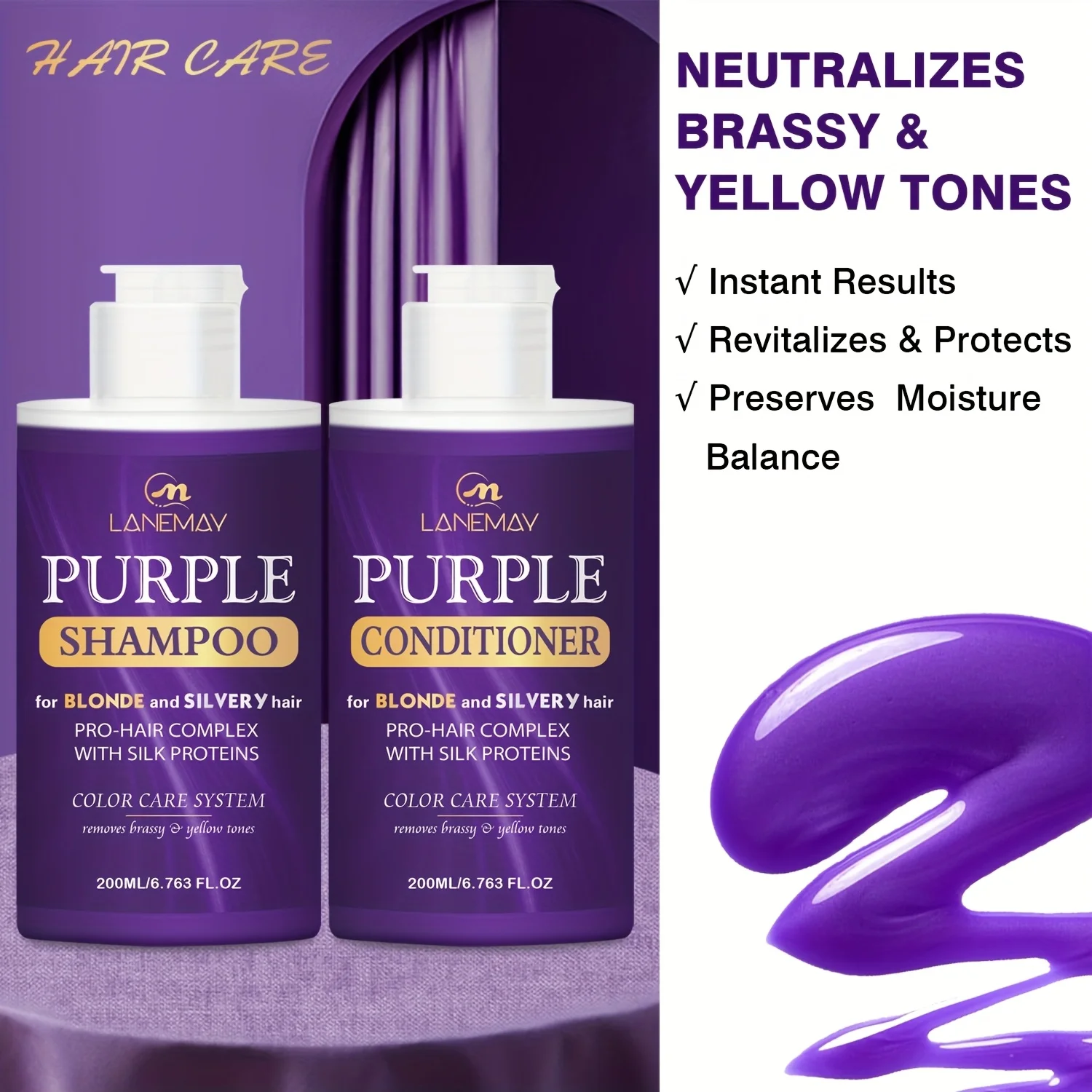 Purple Shampoo and Conditioner Set for Blonde, Bleached, Silver & Gray Hair - Sulfate Free Toning Duo, Anti Brass, 2 x 200ml - Image 4