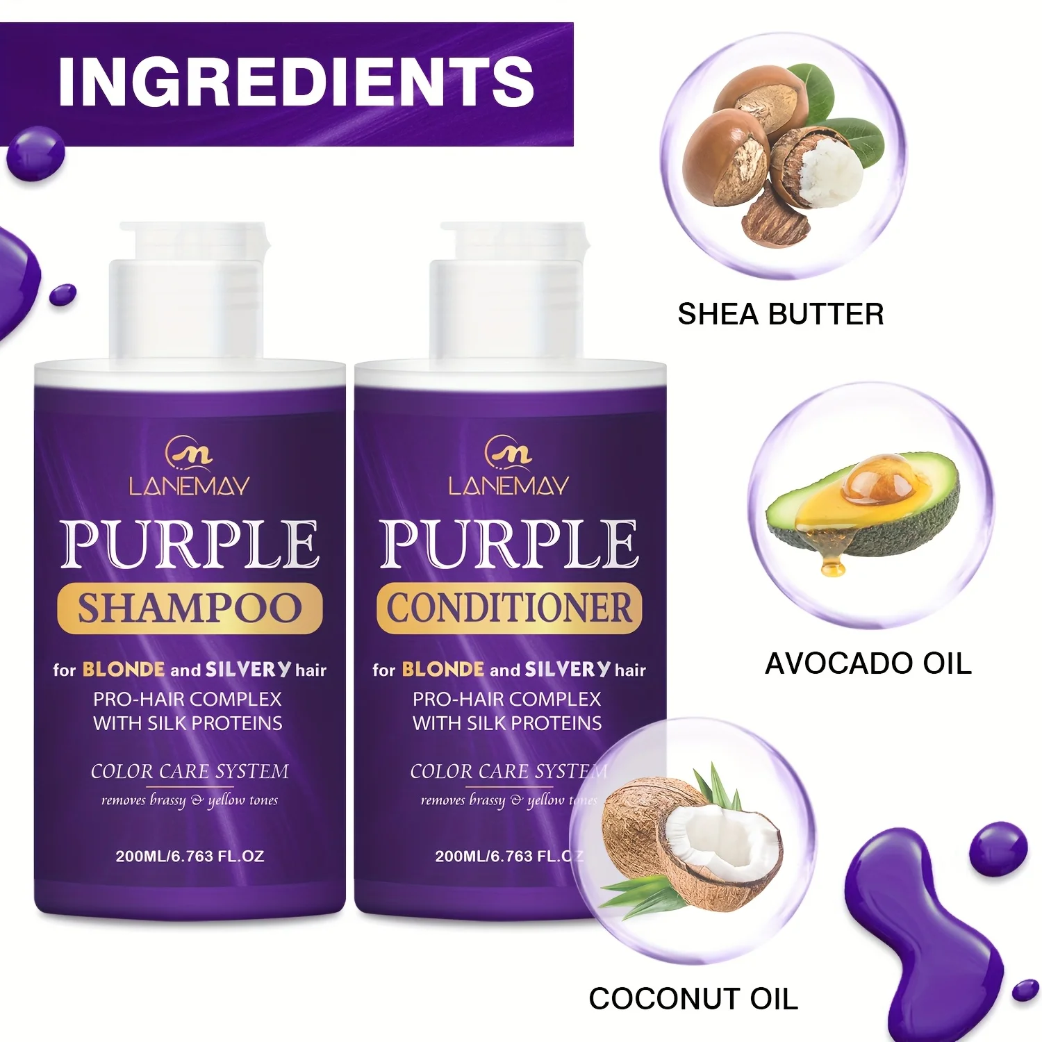 Purple Shampoo and Conditioner Set for Blonde, Bleached, Silver & Gray Hair - Sulfate Free Toning Duo, Anti Brass, 2 x 200ml - Image 2