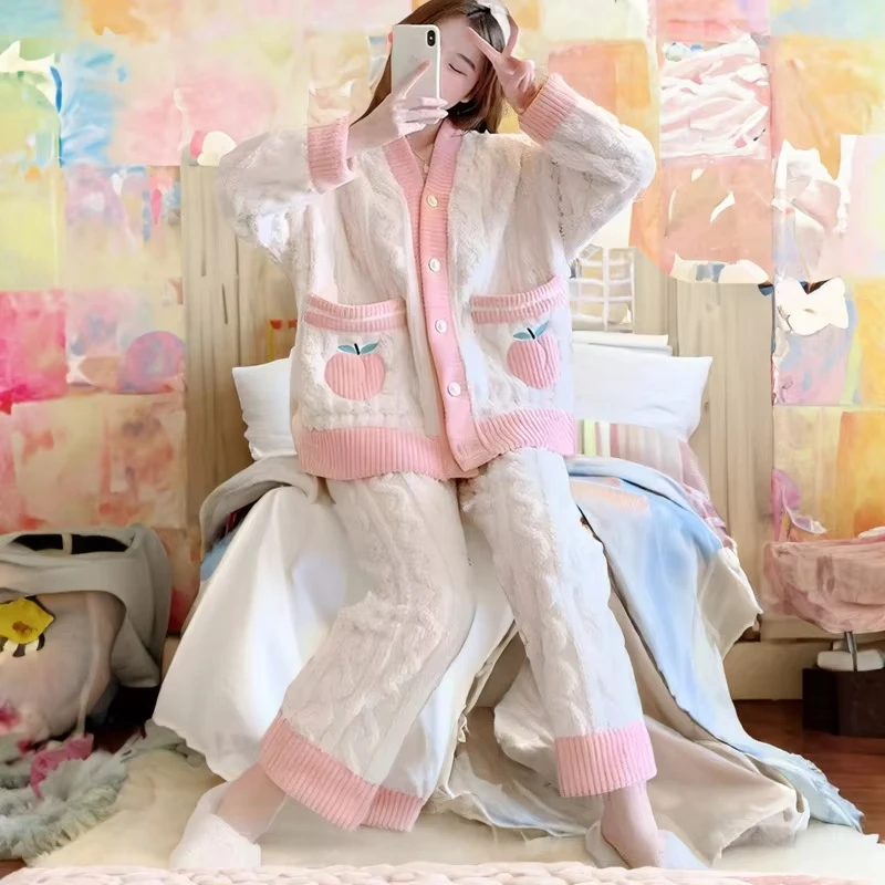 Pyjama épais en flanelle et velours corail fraise, vêtements de maison pour femmes, ensemble de vêtements de nuit à col en v, sa - Image 5