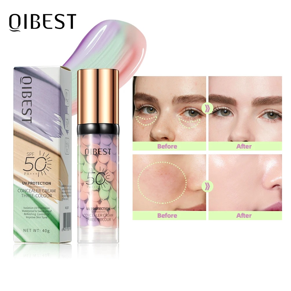 QIBEST Three Color Liquid Concealer Mixed Isolation Lotion Makeup Skin Tone Brightening Primer Base Foundation Concealer Nourish