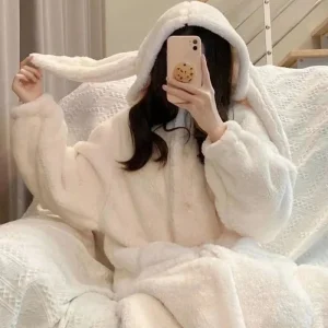Rabbit Ears Cartoon Women Hooded Bathrobe Winter Thick Fleece Home Wear Cute Cartoon Loungewear Sleepwear for Girls