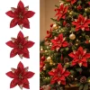 Red Glitter Poinsettia Artificial Flowers Christmas Tree Ornaments Xmas Faux Flower for Wreath Garland Holiday Table Home Decor