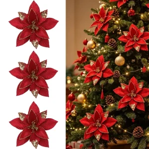 Red Glitter Poinsettia Artificial Flowers Christmas Tree Ornaments Xmas Faux Flower for Wreath Garland Holiday Table Home Decor