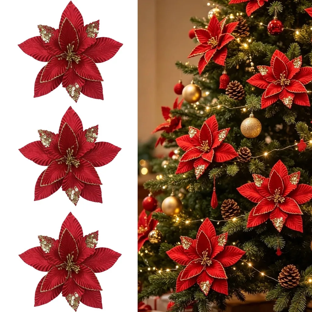 Red Glitter Poinsettia Artificial Flowers Christmas Tree Ornaments Xmas Faux Flower for Wreath Garland Holiday Table Home Decor