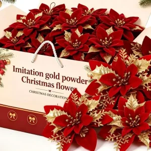 Red Golden Sparkling Poinsettia Artificial Flowers Artificial Christmas Tree Fake Glitter Flowers Floral Party Home Ornaments