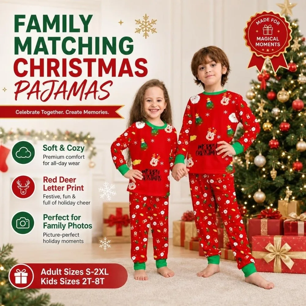 Red Long Sleeve Christmas Pyjamas Set Printed Santa Claus Family Matching Pyjamas Deer Xmas Trees Xmas Sleepwear Adult Kids - Image 2