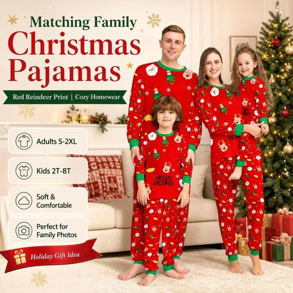 Red Long Sleeve Christmas Pyjamas Set Printed Santa Claus Family Matching Pyjamas Deer Xmas Trees Xmas Sleepwear Adult Kids - Image 3