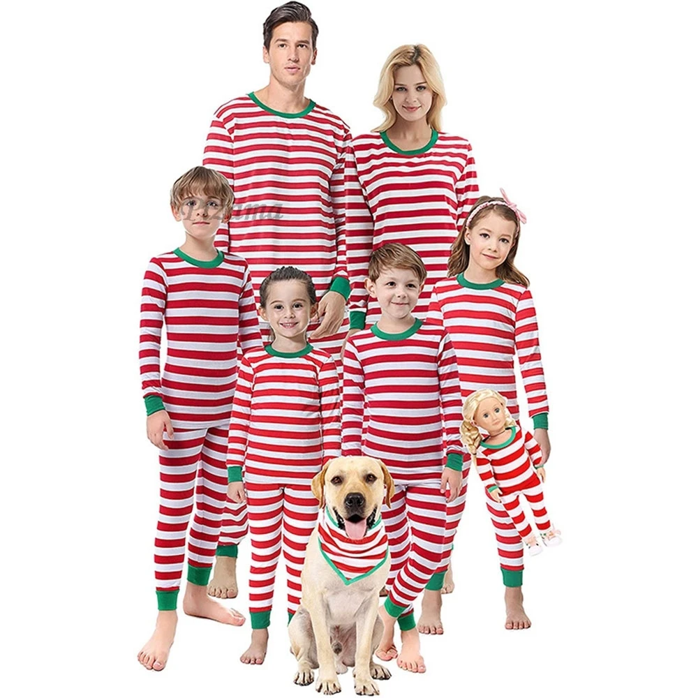 Red and White Striped Family Christmas Pajamas Xmas Nightwear Children's Homewear Mother Father Kids Xmas Homewear Nightwear - Image 2