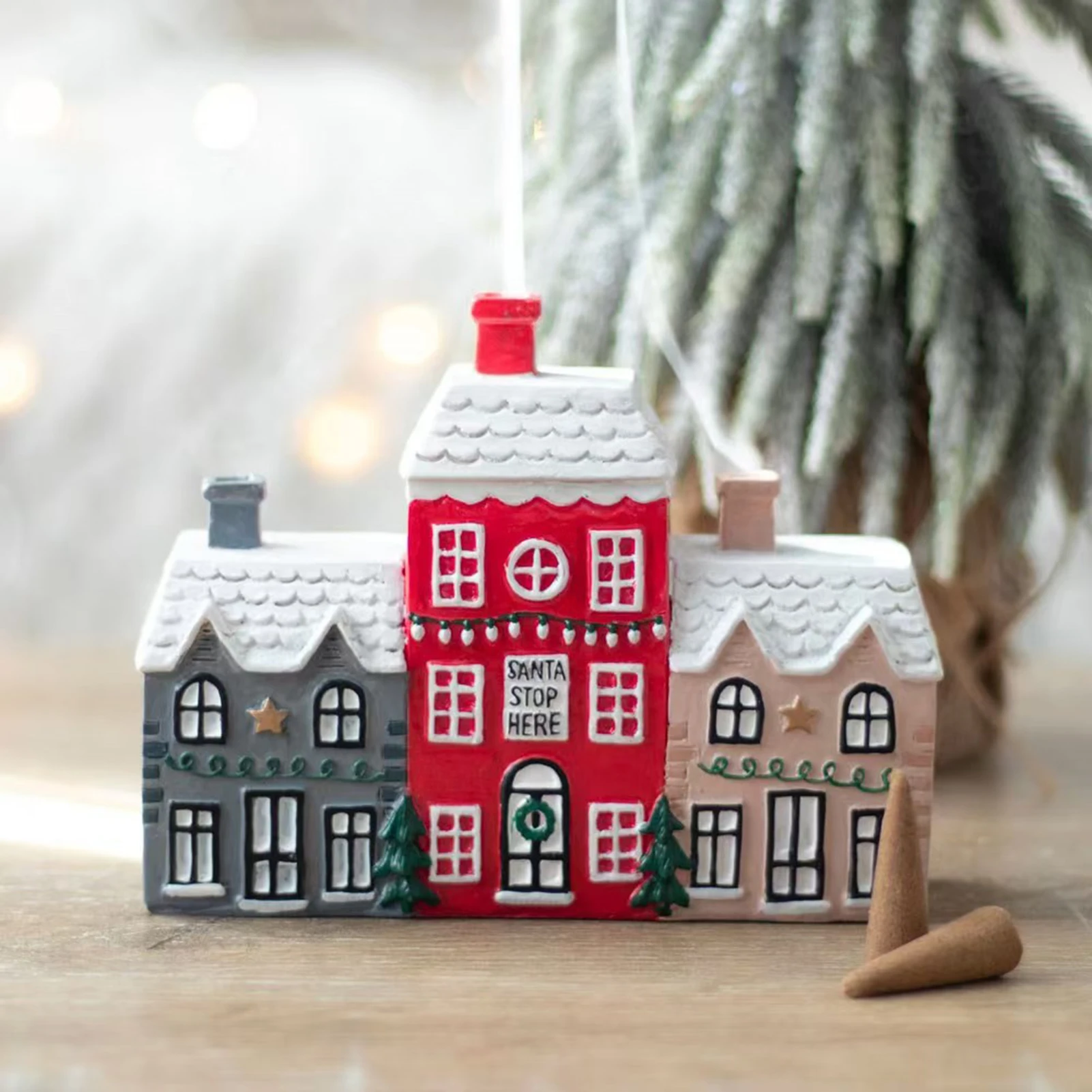 Resin Christmas Village House Winter Log Cabin Incense Burner Rustic Christmas Chimney Hut Incense Cones Room Decor