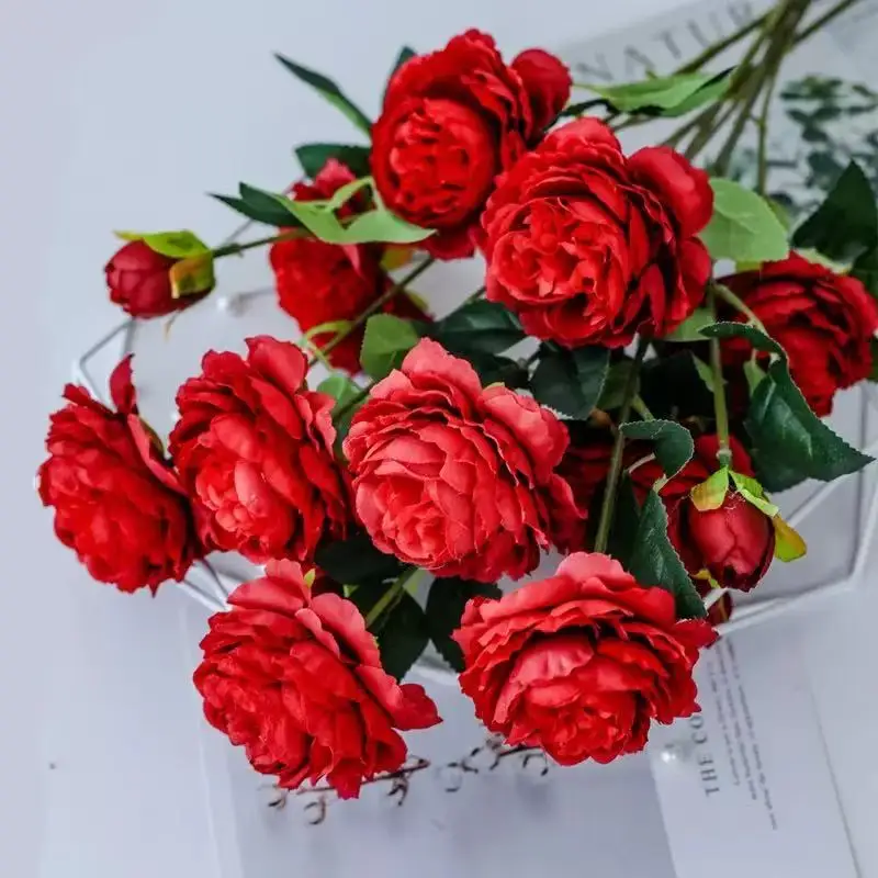 Rose Artificial Flowers 3 Heads Pink White Peonies Silk Flower Wedding Garden Decoration Fake Flower Bouquet Peony Color - Image 6
