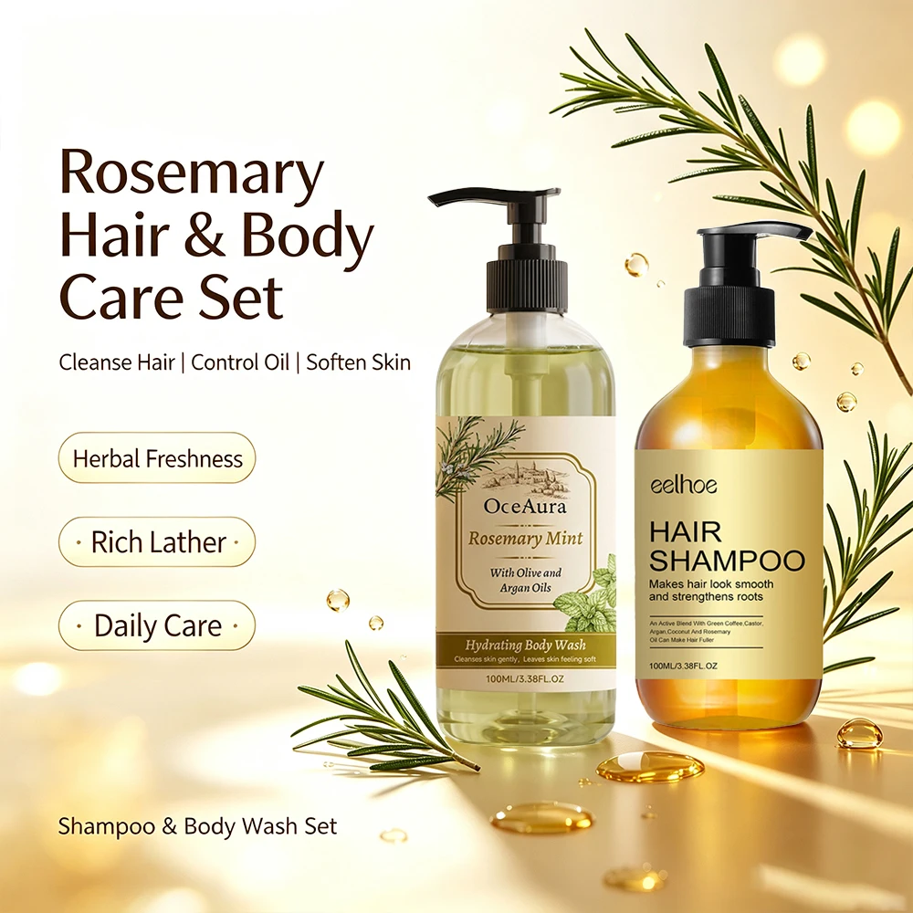 Rosemary Hair & Body Set Shampoo for Oily Scalp Volume Body Wash Softening Scented Daily Care 2pcs