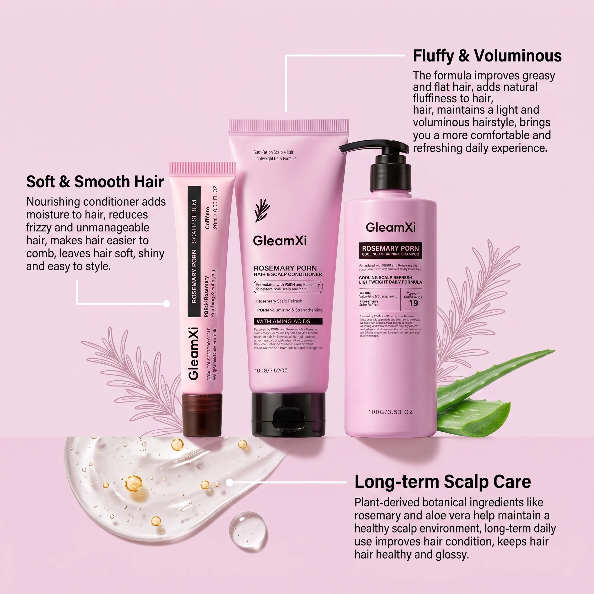 Rosemary PDRN Hair Care Set Refreshing Non-Greasy Shampoo Conditioner Scalp Serum Amino Acid Formula Volumizing Scalp Treatment - Image 3