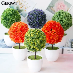 Sakura Snow Ball Tree Plastic Pots Artificial Bonsai Tree Mini Bonsai Plant Plants Fake Flowers Potted Home Garden Ornaments