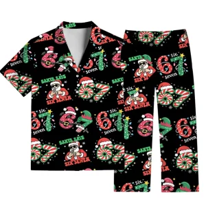 Santa Claus 3D-print Irregular-hem Shirt and Trousers Set Loungewear/outerwear—matching Family Outfits for Kids,boys,and Girls