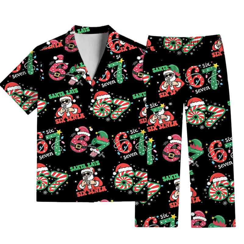 Santa Claus 3D-print Irregular-hem Shirt and Trousers Set Loungewear/outerwear—matching Family Outfits for Kids,boys,and Girls