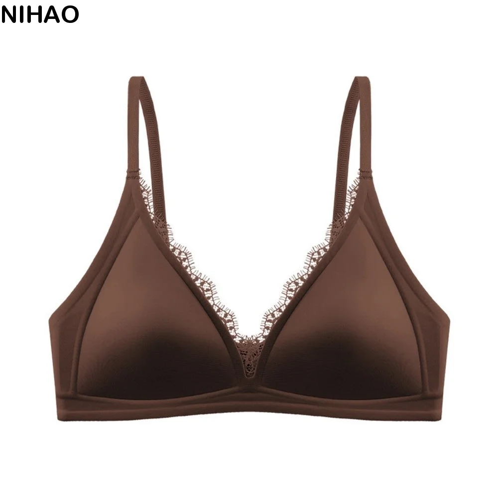 Satin Satin Wireless V Bra V Lace Neck Solid Color Push Up Underwear Traceless Comfortable Satin Lace Brassiere Summer Spring