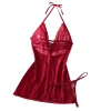 Sexy Lace Bra And Panty Set For Women, Halter Deep V Sheer Mesh Chemise, Bow Lingerie Sleepwear