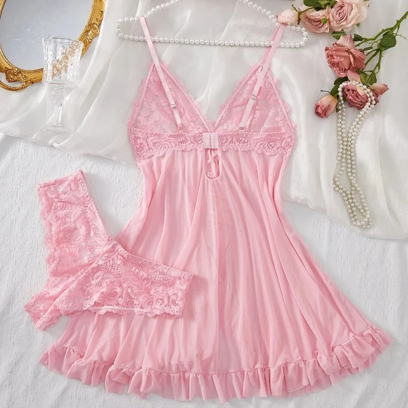 Sexy Lingerie Set Women Erotic Bra Nightdress Sexy Lace Sleepwear Solid Slim Soft Dresses V Neck Full Slip Sleepwear & Dresses - Image 2