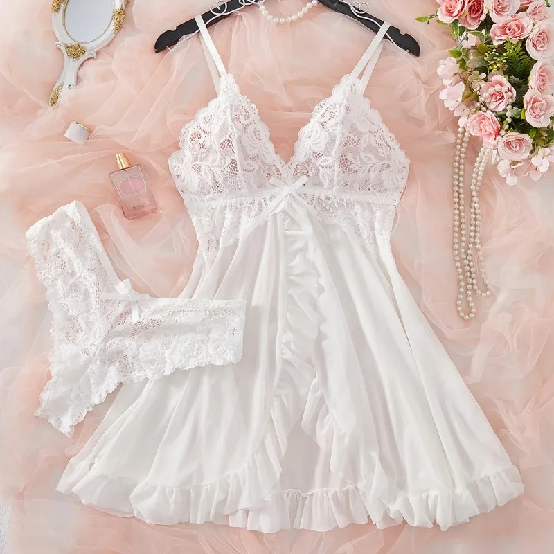 Sexy Lingerie Set Women Erotic Bra Nightdress Sexy Lace Sleepwear Solid Slim Soft Dresses V Neck Full Slip Sleepwear & Dresses - Image 5