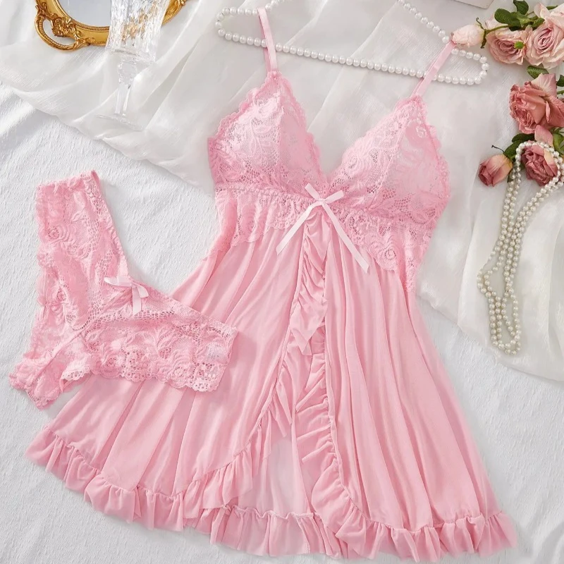 Sexy Lingerie Set Women Erotic Bra Nightdress Sexy Lace Sleepwear Solid Slim Soft Dresses V Neck Full Slip Sleepwear & Dresses - Image 3