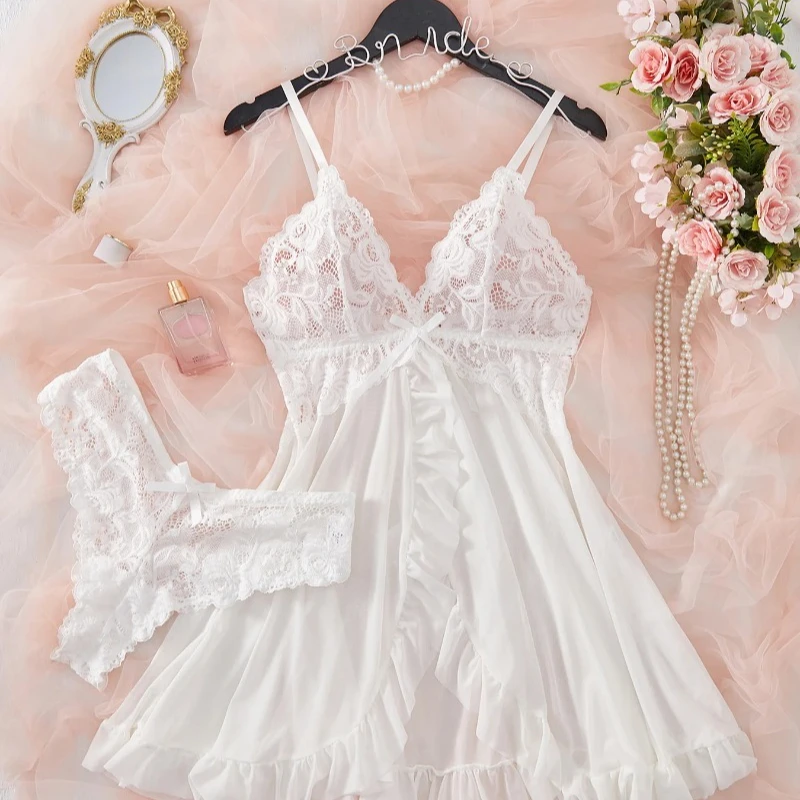 Sexy Lingerie Set Women Erotic Bra Nightdress Sexy Lace Sleepwear Solid Slim Soft Dresses V Neck Full Slip Sleepwear & Dresses - Image 6