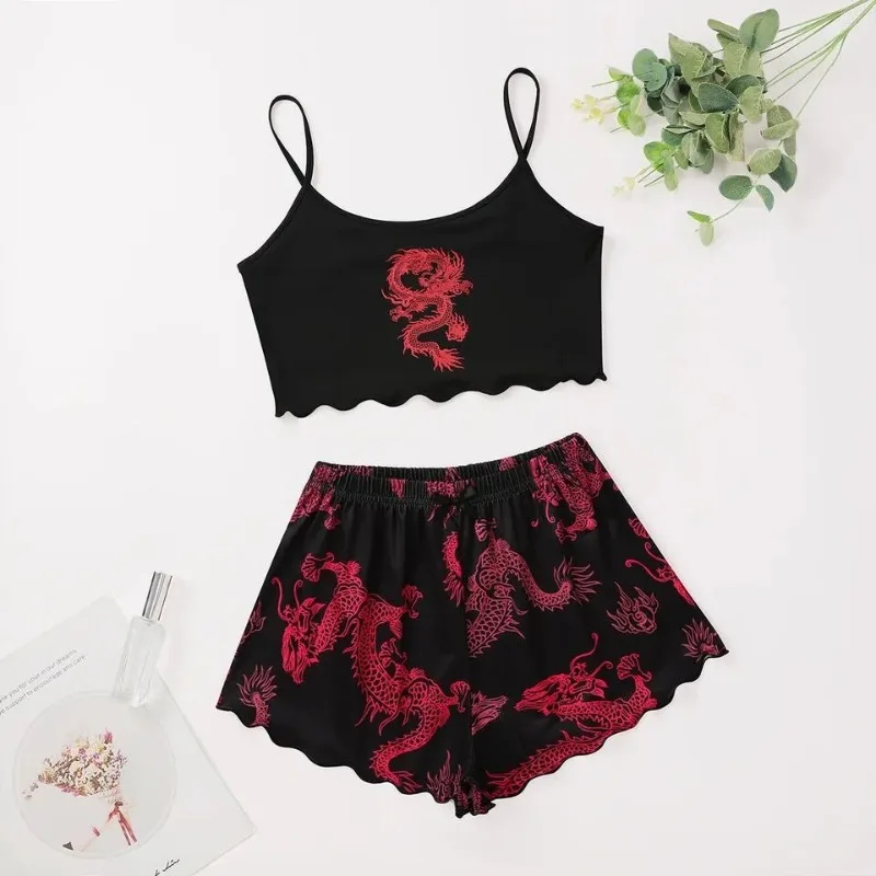 Sexy Nightwear Women Printed Dragon Vest Halter Top Shorts Leopard Print Pajamas Homewear Suit Ladies Sleepwear Loungewear - Image 2
