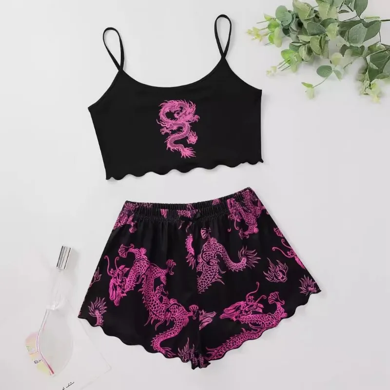 Sexy Nightwear Women Printed Dragon Vest Halter Top Shorts Leopard Print Pajamas Homewear Suit Ladies Sleepwear Loungewear - Image 3