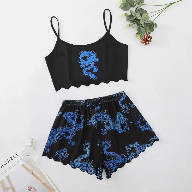Sexy Nightwear Women Printed Dragon Vest Halter Top Shorts Leopard Print Pajamas Homewear Suit Ladies Sleepwear Loungewear - Image 4