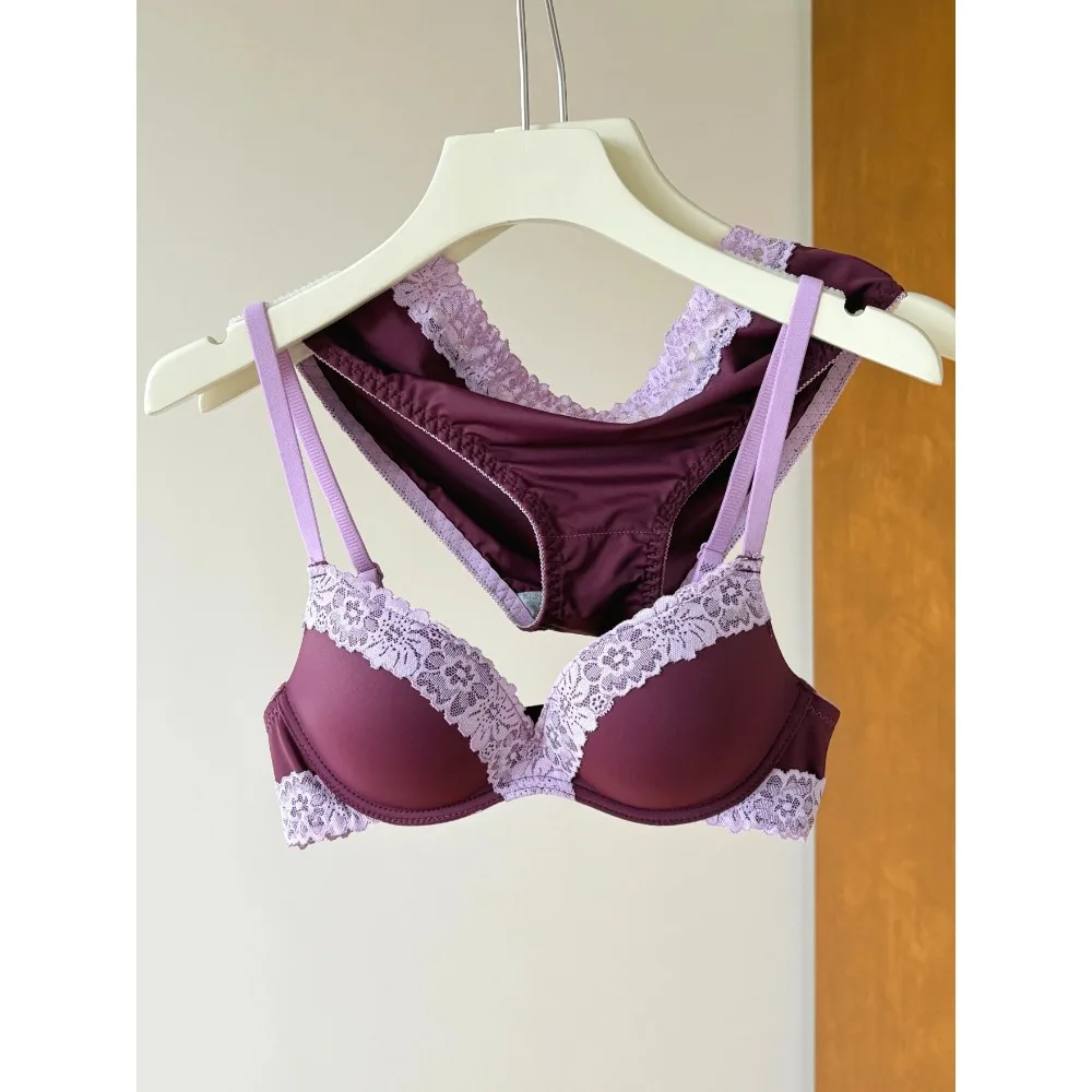Sexy Purple Lace Lingerie Set for Women Push Up Bra No Underwire Small Bust Fit gathering Cups Lift Petite Cute Panties YUQI - Image 2