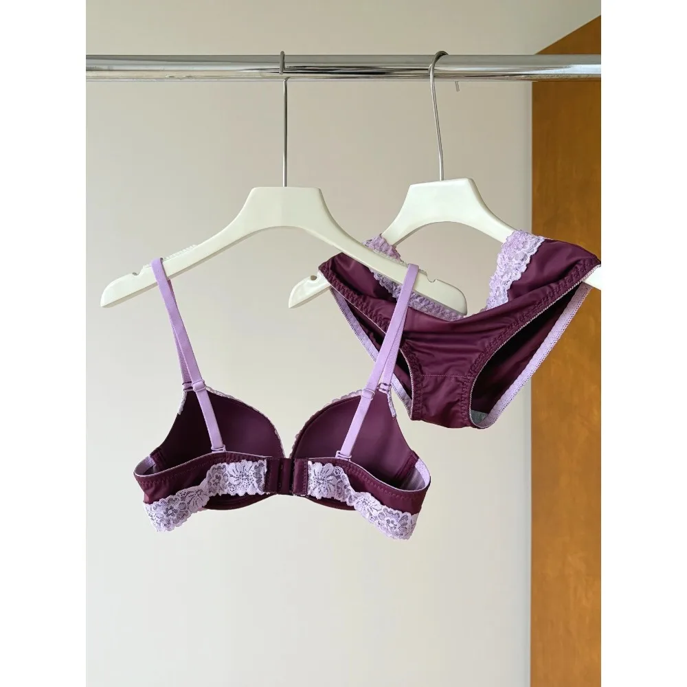 Sexy Purple Lace Lingerie Set for Women Push Up Bra No Underwire Small Bust Fit gathering Cups Lift Petite Cute Panties YUQI - Image 3