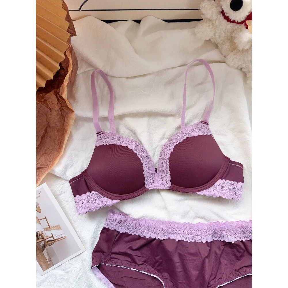 Sexy Purple Lace Lingerie Set for Women Push Up Bra No Underwire Small Bust Fit gathering Cups Lift Petite Cute Panties YUQI - Image 6
