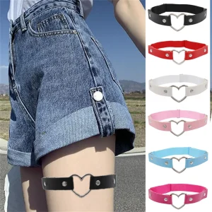 Sexy Women Elastic Pu Leather Thigh Leg Ring Strap Leglet With Metal Heart Garter Belt Cat Punk Garter Jewelry Loop Goth Harness