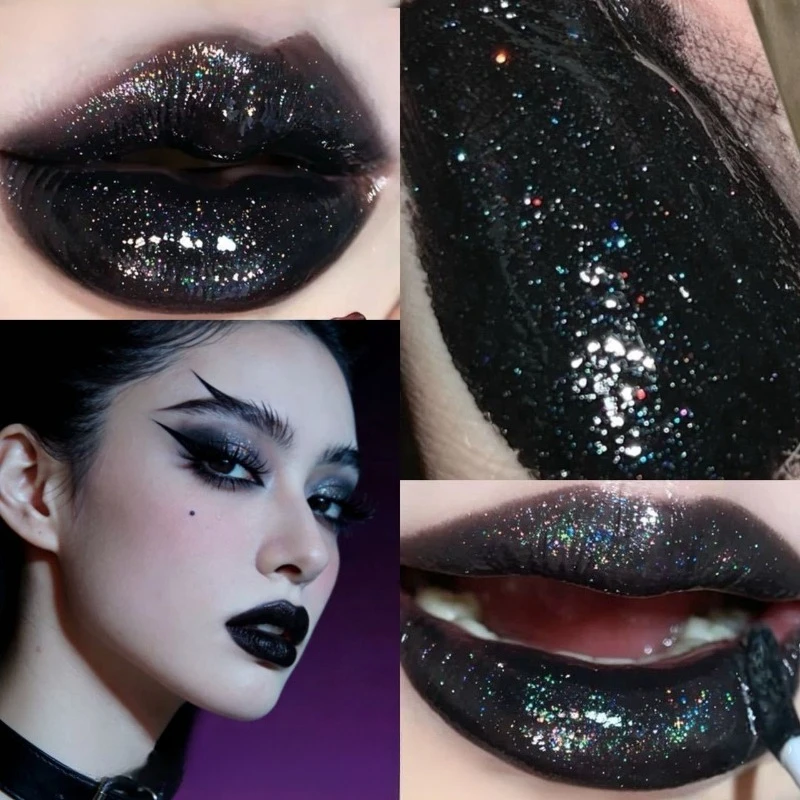 Shimmer Matte Black Red Lipstick Punk Gothic Lipgloss Halloween Makeup Mousse Lip Mud Lipstick Waterproof Non-stick Cup Lip Tint - Image 4