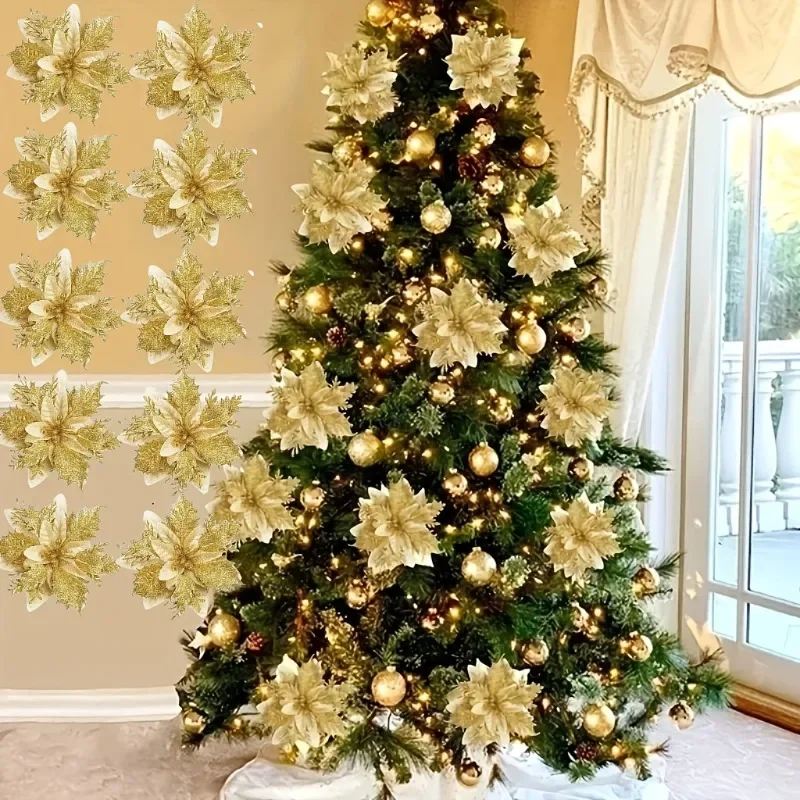 Shiny Christmas Tree Decoration Artificial Poinsettia Flowers with Clips, Christmas Ornaments,Suitable for Christmas New Year - Image 2