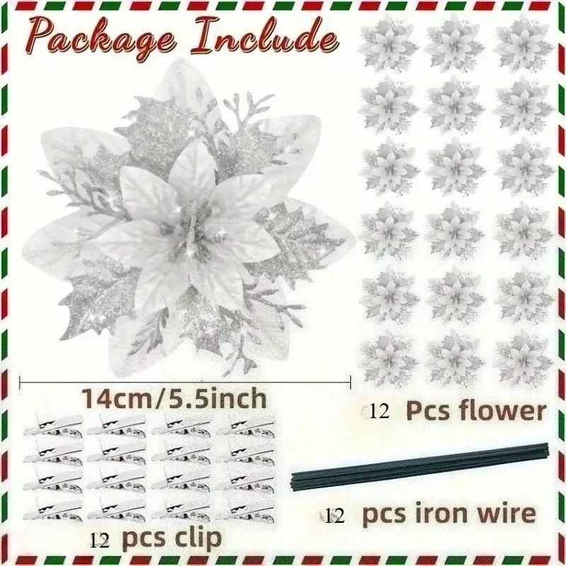 Shiny Christmas Tree Decoration Artificial Poinsettia Flowers with Clips, Christmas Ornaments,Suitable for Christmas New Year - Image 4