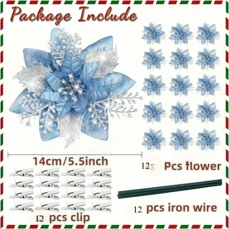 Shiny Christmas Tree Decoration Artificial Poinsettia Flowers with Clips, Christmas Ornaments,Suitable for Christmas New Year - Image 6