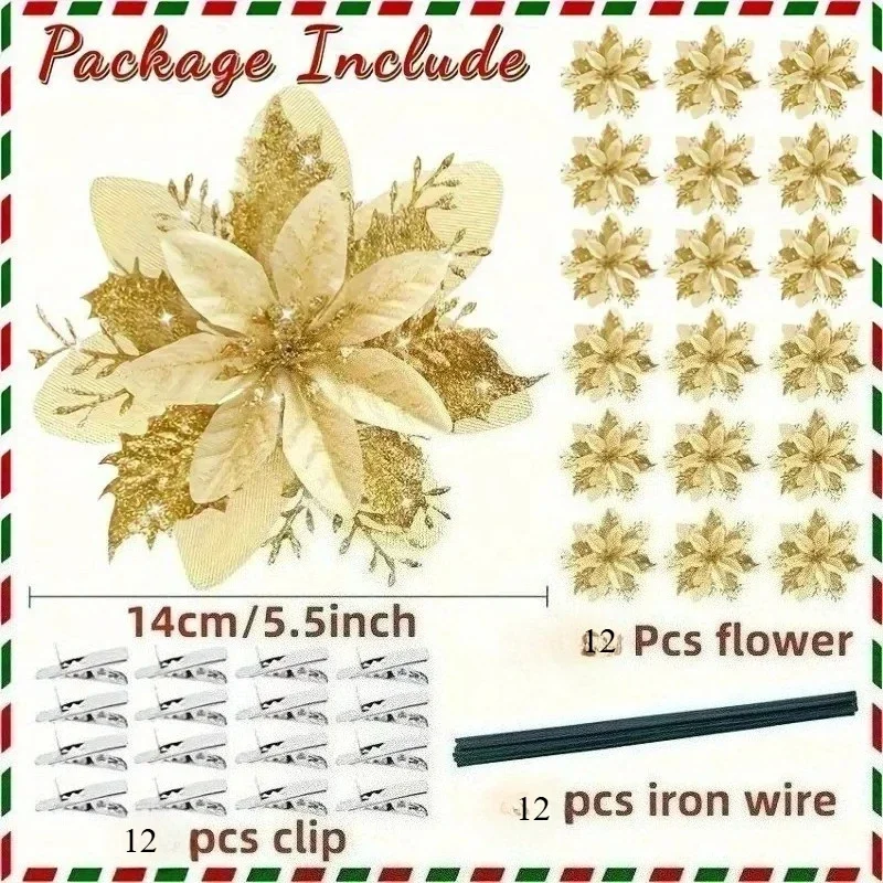 Shiny Christmas Tree Decoration Artificial Poinsettia Flowers with Clips, Christmas Ornaments,Suitable for Christmas New Year - Image 3