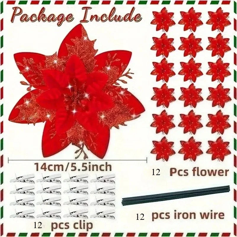 Shiny Christmas Tree Decoration Artificial Poinsettia Flowers with Clips, Christmas Ornaments,Suitable for Christmas New Year - Image 5