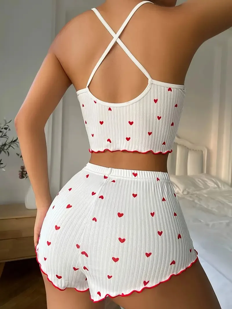 Sleepwear Women Pajamas Set Heart Print Soft Ribbed Fabric with Flirty Frill Trim Casual Cami Top and Shorts Sets Loungewear - Image 2