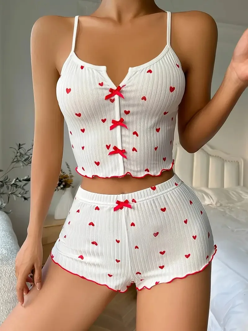 Sleepwear Women Pajamas Set Heart Print Soft Ribbed Fabric with Flirty Frill Trim Casual Cami Top and Shorts Sets Loungewear - Image 3